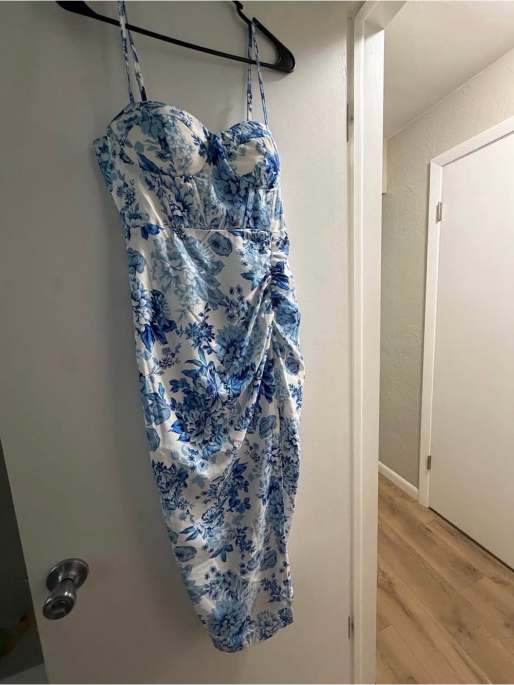 Blue & White Floral Ruched Bustier Midi Dress